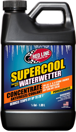 Red Line Oil Supercool Concentrate anti-freeze coolant in a 64 oz container, shown with a red cap and label.