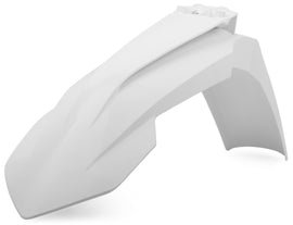 Polisport Plastics white front fender for motorcycles, showcasing its sleek design and durable plastic construction.