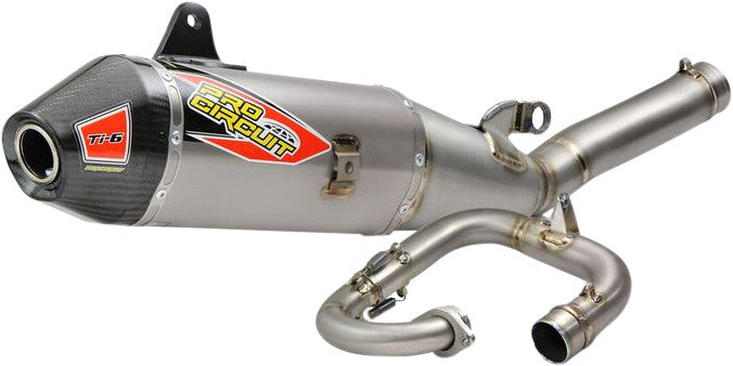 Pro Circuit Ti-6 titanium exhaust system with carbon cap for YZ450F 2023 motorcycle, showcasing the sleek exhaust pipe and carbon end cap.