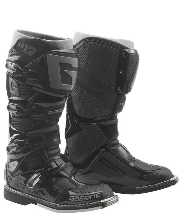 Black Gaerne SG12 Enduro Boot with sturdy design, ankle protection, and rugged outsole suitable for off-road riding.