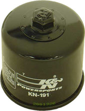Load image into Gallery viewer, K&amp;N Oil Filter 56-0191 showing a close-up of the black cylindrical filter with metal top and side threading for automotive use