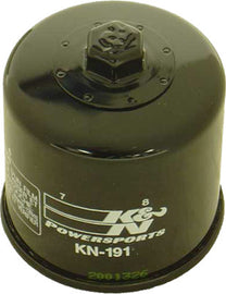 K&N Oil Filter 56-0191 showing a close-up of the black cylindrical filter with metal top and side threading for automotive use