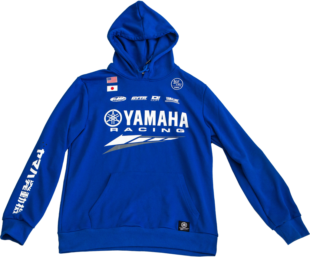 Blue DCOR Yamaha Factory sweatshirt in XL size, featuring the brand logo and comfortable fabric, displayed on a hanger.