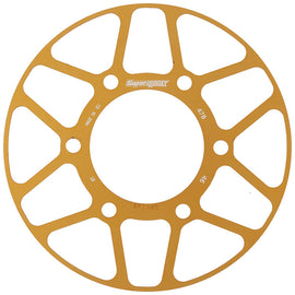 Supersprox rear edge sprocket with 46-tooth aluminum disk in gold for Kawasaki motorcycles, featuring a sleek design and metal construction.