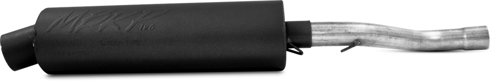 MBRP Exhaust single slip-on system with utility muffler in black for Kawasaki motorcycle, showcasing the exhaust pipe and muffler.