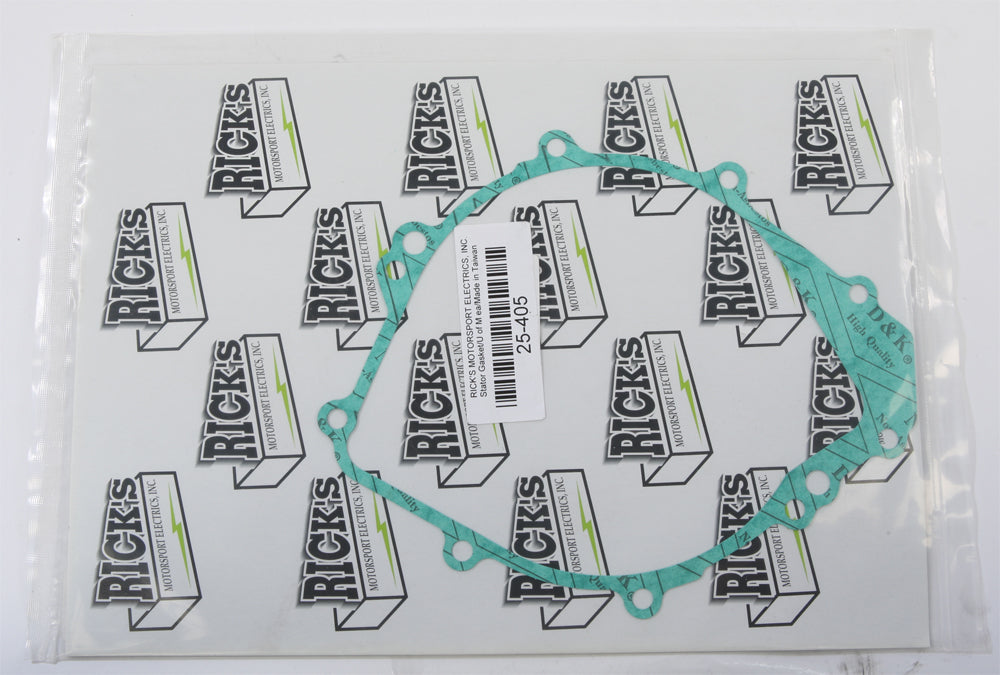 Ricks Motorsport Electric stator cover gasket for motorcycle, showing the black rubber gasket with detailed edges and brand markings.