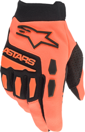 Orange and black Alpine Star Youth Full Bore Gloves with padding and adjustable wrist closure for kids' motocross riding.