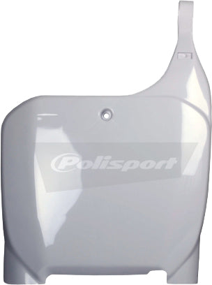 Polisport Plastics white front plate body panel for motocross or dirt bikes, model 64-6570, shown mounted on bike.