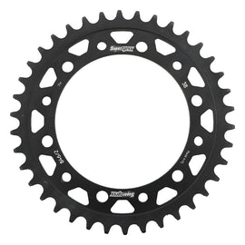 Supersprox steel rear sprocket 38-tooth black finish for 520 chain, durable motorcycle sprocket with precise gear teeth design.
