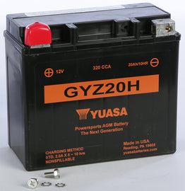 Yuasa GYZ20H sealed factory-activated battery, 49-1937 model, showing the robust, compact design of the automotive battery.