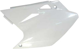 White Acerbis side panels for motorcycles, featuring the Acerbis logo and sleek design, suitable for off-road or motocross bikes.