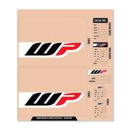 DCOR WP decal kit featuring graphics for fork, shock, and engine specifications on a motorcycle or bike.