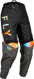 Fly Racing Women's F-16 pants in grey, pink, and blue, size 0/02, shown with detailed fabric and color design.