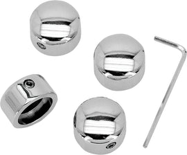 Chrome engine hard drive head bolt covers, set of 4, designed for vehicle engine components, with a sleek, polished finish.