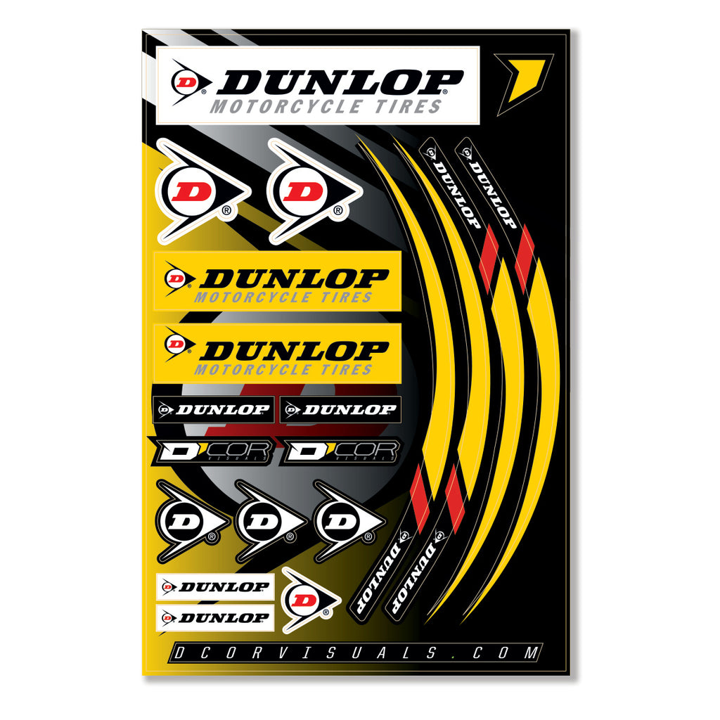 DCOR Dunlop decal sheet with 12 mil graphics and decals, featuring various black and white designs for vehicle or accessory decoration.