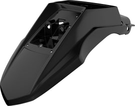 Polisport Plastics black rear fender for street bikes, model 64-5999, shown on a motorcycle with a sleek black finish.