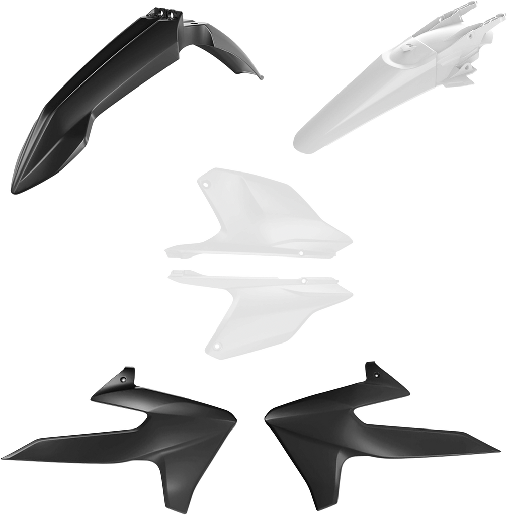 Acerbis plastic body kit for motorcycle, includes various black plastic panels and parts with Acerbis branding.