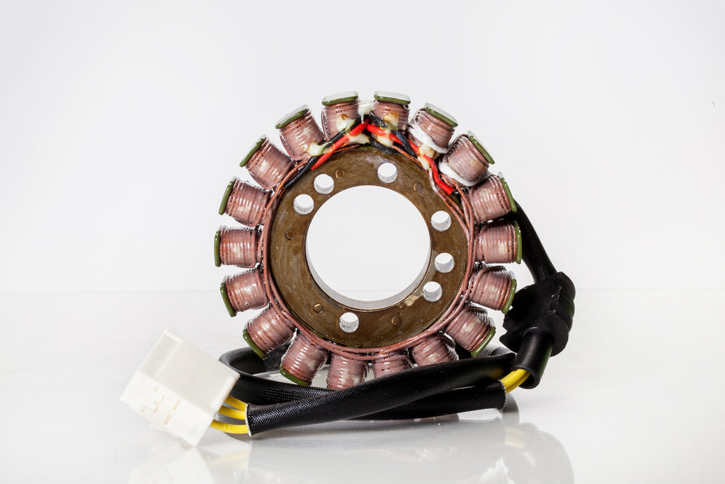 Ricks Motorsport Electric Stator 27-21417 for motorcycle electrical systems, shown with wiring and mounting points.
