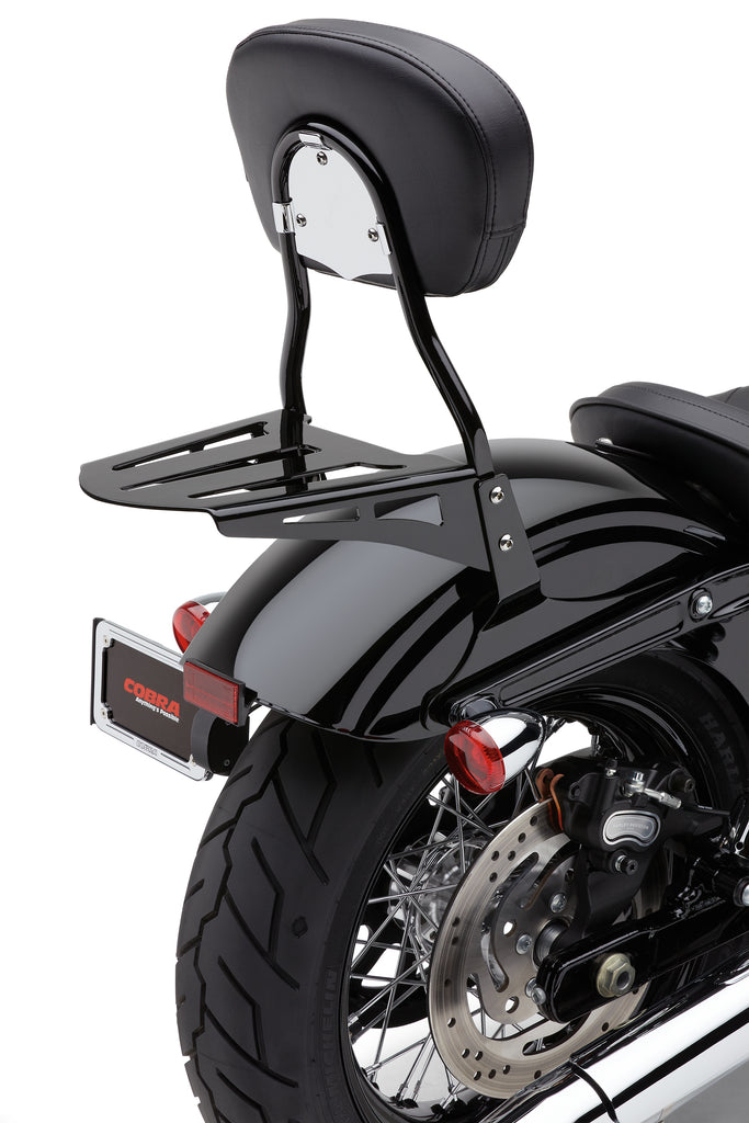 Cobra Sissy Bar Luggage Rack in black mounted on motorcycle sissy bar with formed design, Hon Yam 82-97544 model.