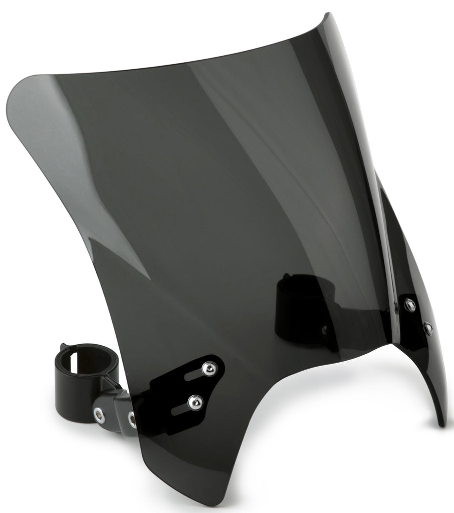 National Cycle Mohawk dark tint motorcycle windshield with black hardware, showing the sleek, curved windscreen design.