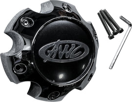 AWC replacement center cap for wheels, model 58-8091, shown on a vehicle wheel, made of durable material, branded by AWC.