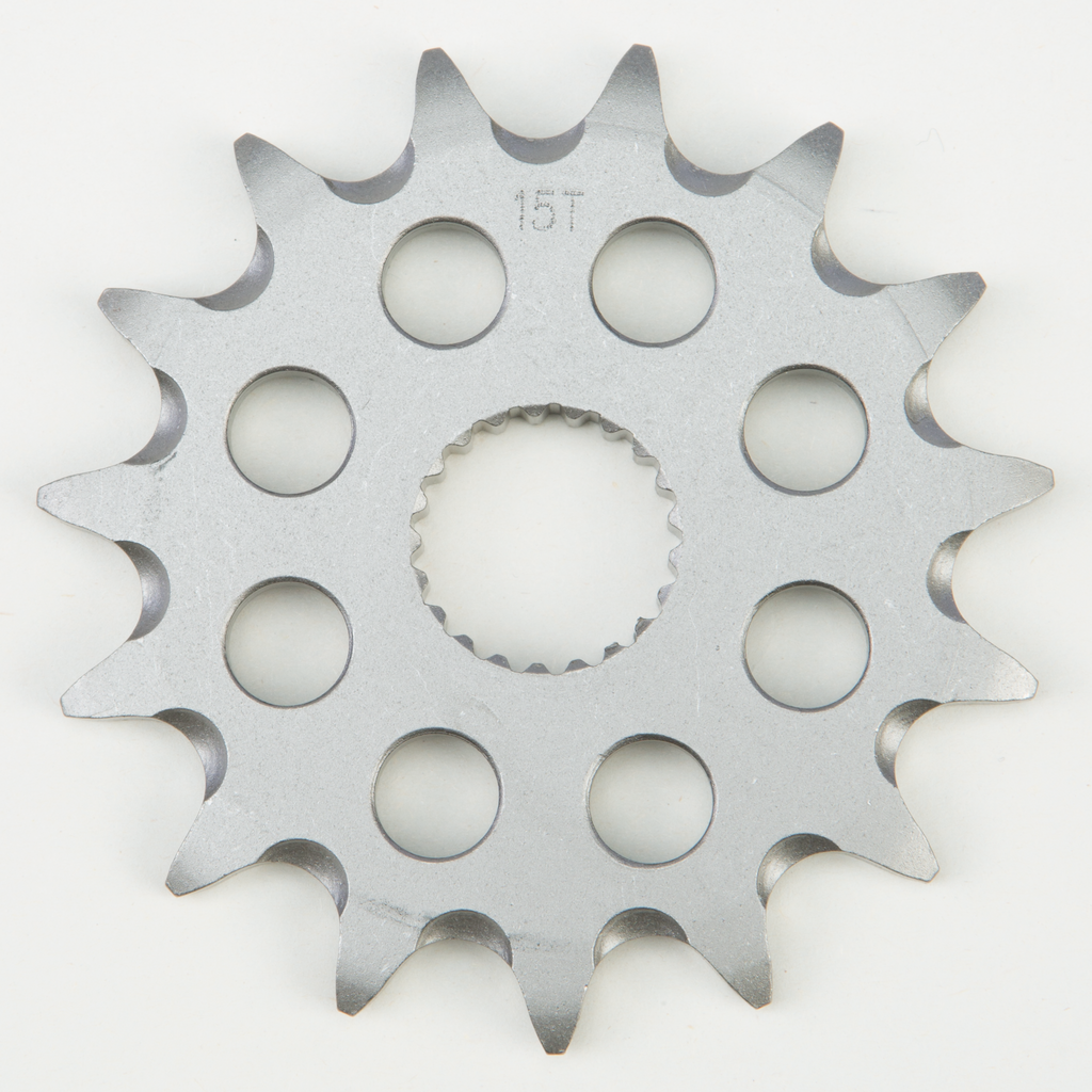 Fire Power Steel 15-tooth 520 front motorcycle sprocket showing gear teeth and polished steel finish.