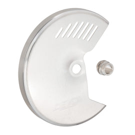 Devol Front Disc Guard 60-8204, black metal motorcycle brake disc protector with mounting hardware, close-up view.