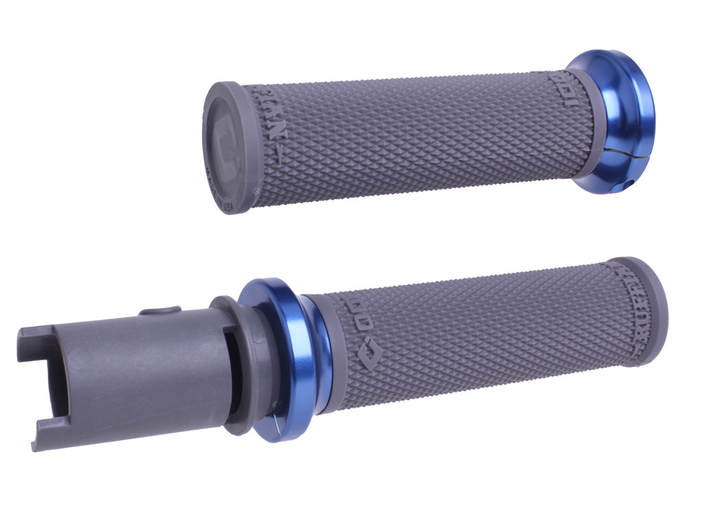ODI Grips Lock-On Ruffian grips in graphite and blue for motocross bikes, featuring textured surface and secure fit.
