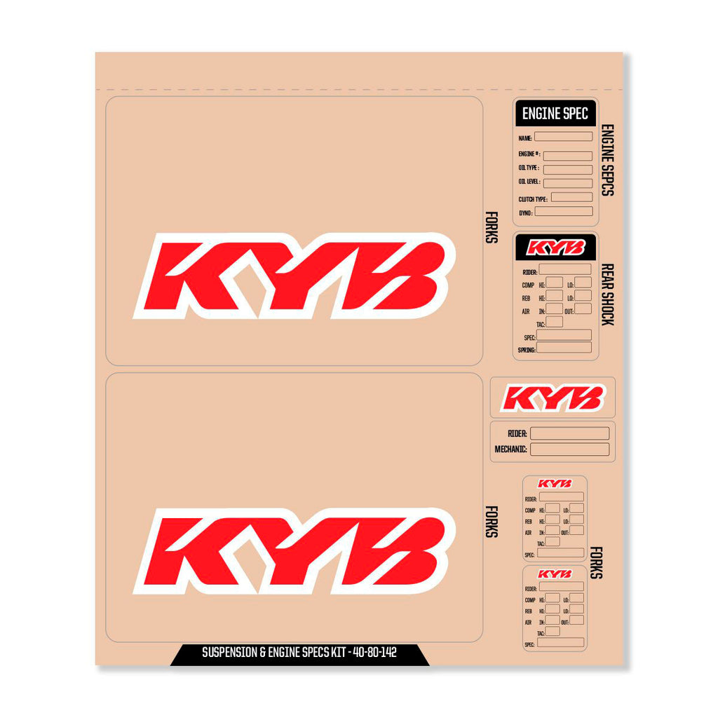 DCOR Kyb decal kit in red featuring graphics for fork, shock, and engine specifications on motorcycle parts.