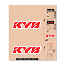 Load image into Gallery viewer, DCOR Kyb decal kit in red featuring graphics for fork, shock, and engine specifications on motorcycle parts.