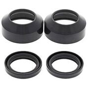 All Balls fork and dust seal wiper kit for motorcycle suspension, showing black rubber seals and metal components.
