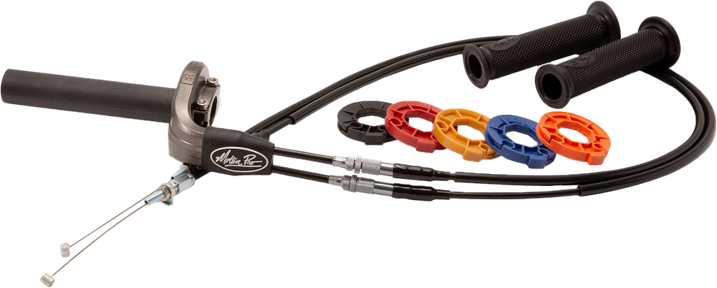 Motion Pro Rev3 motorcycle throttle kit for Kawasaki, featuring black grip and throttle tube with cable connection.