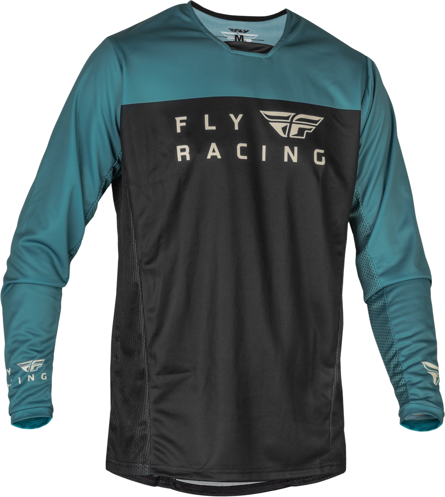 Fly Racing Radium motocross jersey in black, evergreen, and sand with breathable fabric and vibrant design details.