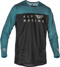 Load image into Gallery viewer, Fly Racing Radium motocross jersey in black, evergreen, and sand with breathable fabric and vibrant design details.