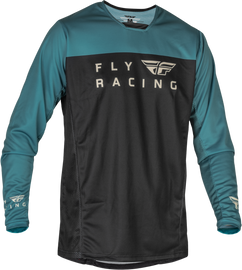Fly Racing Radium motocross jersey in black, evergreen, and sand with breathable fabric and vibrant design details.