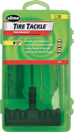 Slime 9-piece tire and wheel tackle kit with T-handle and box, includes tools for tire repair and maintenance.