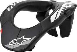 Alpine Star youth neck support in black and white, designed for safety and comfort during sports or outdoor activities.