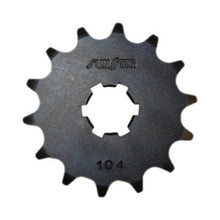 Load image into Gallery viewer, Sunstar 14-tooth front CS sprocket for street bikes, compatible with Kawasaki models, shown in silver with gear teeth.