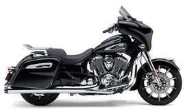 Cobra 4-inch NH dual cut slip-on exhaust in chrome for Indian Gen-1 Bag bikes, featuring sleek chrome finish and dual outlet design.