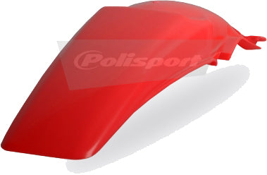 Red Polisport Plastics rear fender with mounting points, designed for off-road or motocross bikes.
