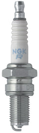 NGK 2-DR7EA spark plug showing metal terminal and ceramic insulator for automotive engine ignition system.