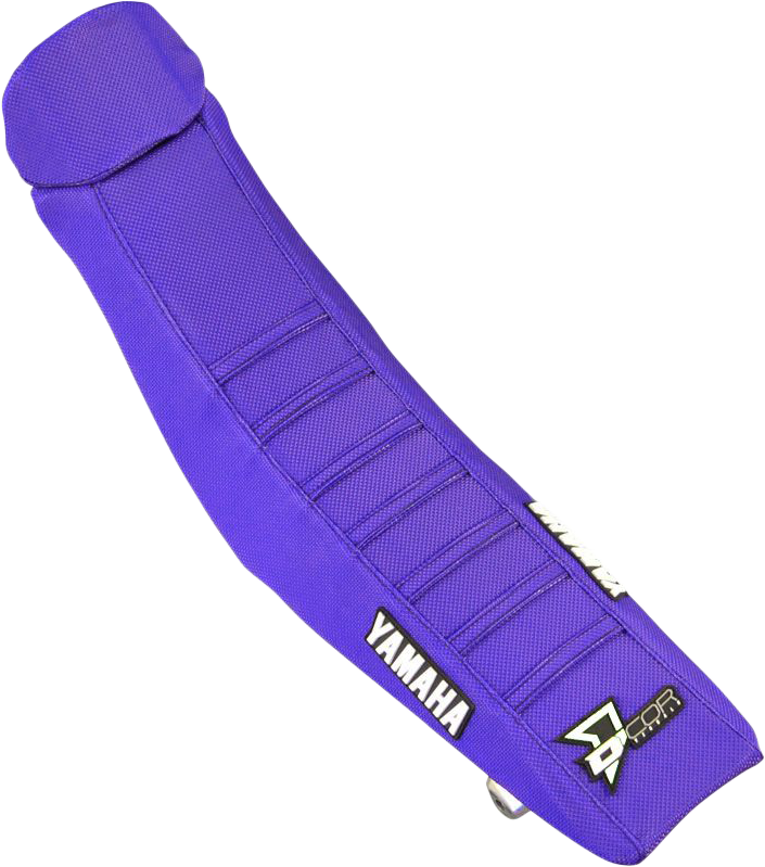 DCOR Yamaha seat cover showing a black, textured seat cover with branding details for Yamaha motorcycle seat protection.
