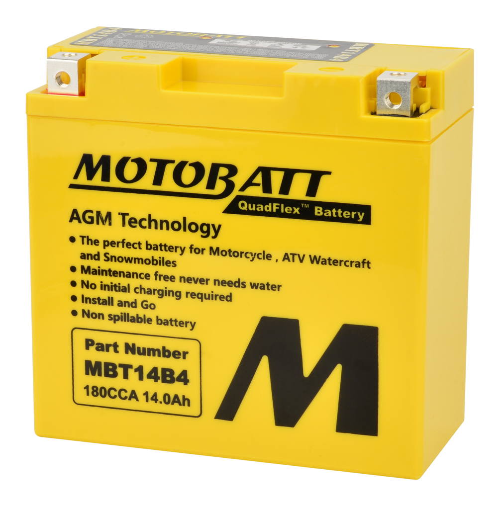 Motobatt Mbt14b4 sealed factory-activated motorcycle battery with compact design and durable casing