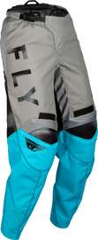 Fly Racing Women's F-16 pants in sky blue and light grey, size 07/08, showing the sporty motorcycle riding gear with reinforced knee panels.