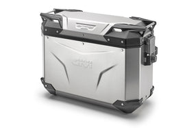 GIVI Outback Evo 37L left side silver motorcycle top case with sleek design and secure locking mechanism.