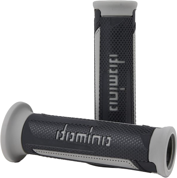 Pair of DOMINO RACING A350 Turismo grips in anthracite and grey, featuring textured rubber surface for comfortable riding.