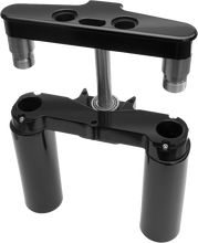 Load image into Gallery viewer, Hawg Halters Inc 4 Degree Raked Triple Trees in black, 41mm, designed for custom motorcycle handlebars.