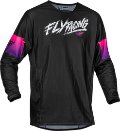 Fly Racing youth Kinetic Mesh Khaos jersey in black, purple, and pink with breathable mesh fabric and vibrant design.