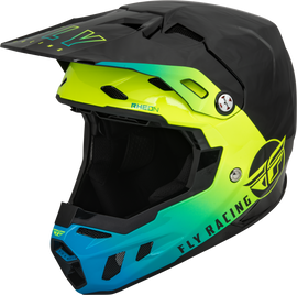Fly Racing Formula CC Centrum helmet in black, blue, and hi-vis with aerodynamic design and adjustable strap for motorcycle riding.
