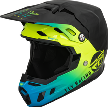 Load image into Gallery viewer, Fly Racing Formula CC Centrum helmet in black, blue, and Hi-Vis with XL size, featuring a sleek design and safety features.